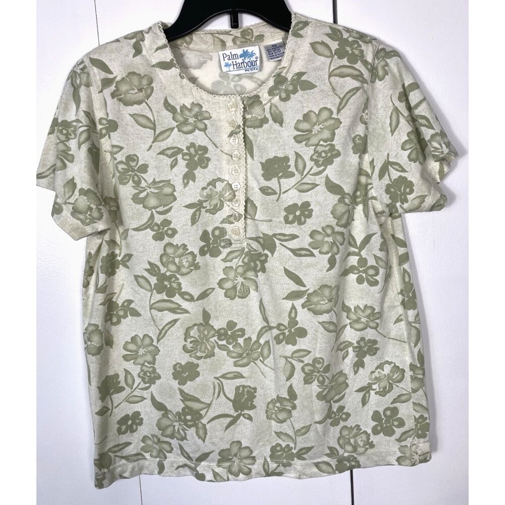 Vintage Palm Harbour Petite Womens Green Floral Tee Size PS